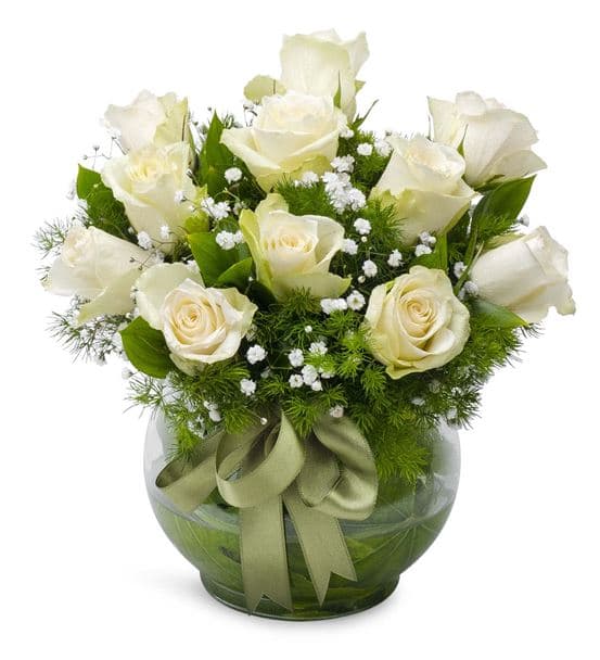 Beyaz Gölge Fanusta 11 Beyaz Gül Aranjmanı