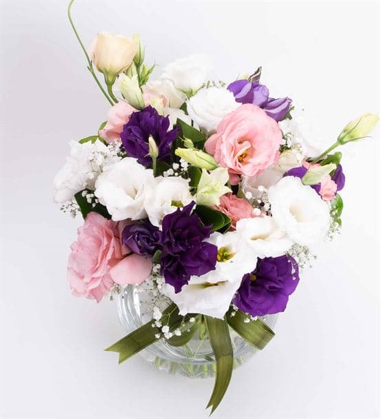 Cam Fanusta Gökkuşağı Lisyantus Aranjmanı - hover