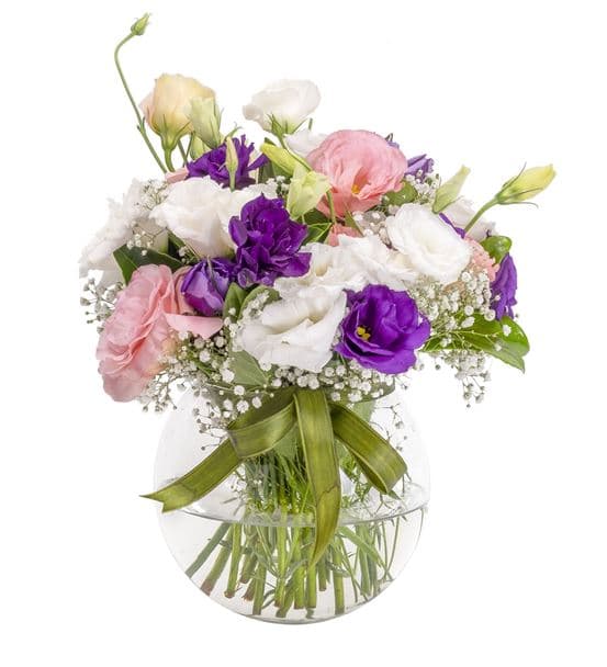 Cam Fanusta Gökkuşağı Lisyantus Aranjmanı