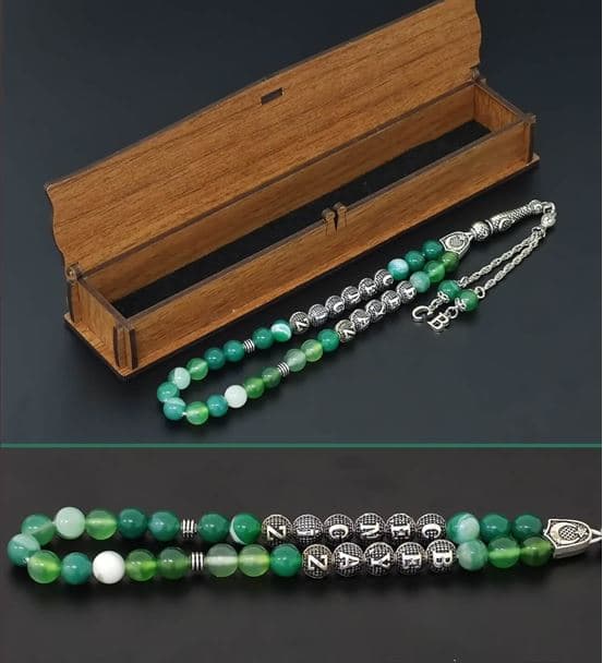 İsimli - Kişiye Özel - Yeşil Akik Doğaltaş Tesbih