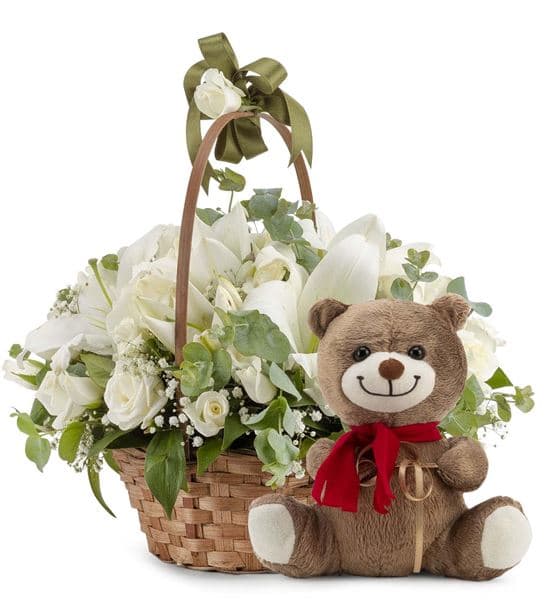 Portonovo Sepette Ayıcıklı Beyaz Lilyum Aranjmanı